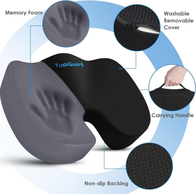 TushGuard Seat Cushion for Office Chair Memory Foam Non-Slip Desk Seat Cushion Back, Coccyx, Sciatica, Tailbone Pain Relief Butt Pillow for Office Chair, Car, Wheelchair, Black - Image 3
